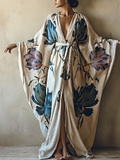 levne Boho šaty-Dámské dlouhé šaty maxi šaty boho šaty ležérní šaty swingové šaty letní šaty vintage prázdninové denní plážové šaty regular střih květinový střih s dlouhým rukávem výstřih do V modrá léto jaro podzim