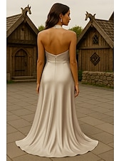 abordables Champagne-Robe de soirée dorée élégante, robe de mariée formelle, traîne à balayage / pinceau, sans manches, col bénitier, satin avec fronces 2025