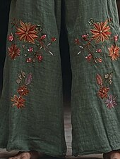 cheap Wide Leg &amp; High Waisted-Women&#039;s Wide Leg Pants Trousers Palazzo Pants Fashion Boho Full Length High Waist Flower Elastic Waist Print Breathability Comfortable Street Daily Wear Going out Army Green Spring Fall Regular Fit