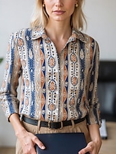 voordelige Vrouwen&#039;s Kunst &amp; Design Tops-Dames Blouse Geklede topjes Chiffon-topjes Grafisch Kleurenblok Elegant Dagelijks Stijlvol Lange mouw Overhemdkraag Normale tops Werk Dagelijks Knop Afdrukken blauw Olijf Smaragdgroen Bruin Regenboog
