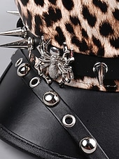 baratos Acessórios fashions-Boné militar feminino com estampa de leopardo para Halloween – chapéu gótico punk de couro sintético com pontas e tachas de aranha, acessório para festa à fantasia e cosplay para uma noite assustadora