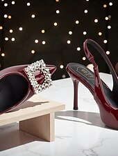 economico Festa Notturna-Scarpe con tacco a spillo in vernice bordeaux da donna con cinturino posteriore - stiletti a punta con fibbia in cristallo per eventi formali e cocktail party