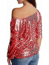 halpa Yksinkertaiset paidat-Naisten Paljetti Kimalteleva Juhla Glitter Paljetti sparkly Tyylikäs Pitkähihainen kylmä olkapää Tavalliset topit Päivittäin Pyhäpäivä Hopea Musta Punastuvan vaaleanpunainen Viini Kulta Kevät Syksy