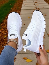 levne Dámské tenisky-Dámské bílé běžecké tenisky z flyknit – lehké prodyšné boty na chůzi pro přechodné období z léta na podzim, sport a každodenní fitness