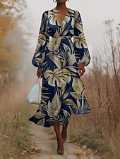 preiswerte Blumenkleid-Damen Midikleid Freizeitkleid Chiffon Schwingkleid Modern Urlaub Täglich Wochenende Normale Passform Blatt Tropisch Langarm V Ausschnitt Marineblau Blau Dunkelblau Blau Schwarz Sommer Frühling Herbst