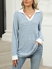 voordelige Dames eenvoudige tops-Dames Overhemd Effen Kleur Stijlvol Casual Lange mouw V-hals Normale tops Dagelijks Lapwerk Zwart Rood blauw Fuchsia Lente Herfst