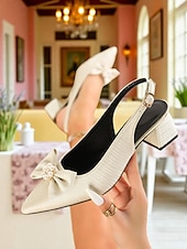 cheap Block Heels-Women&#039;s Lavender Slingback Heels with Pearl Bow - Satin Textured 1950s Vintage Style Low Block Pumps for Weddings, Garden Parties, and Spring Outfits