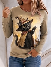 olcso Halloween felsők-Mindszentek napja Női Póló Grafika Cica Szüret Stílusos Klasszikus Hosszú ujj Terített nyak Normál felsők Napi Nyomtatott Medence Bíbor Lóhere Khakizöld Tavasz Ősz