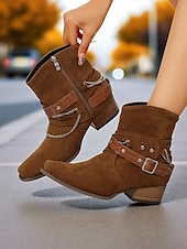 abordables Bottines-Bottines en daim marron pour femmes avec chaîne et ceinture - bottines à talons épais de style western tendance pour les tenues décontractées et les sorties d&#039;automne