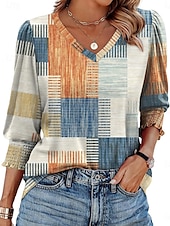 cheap Stripe&amp;Geometric Tops-Women&#039;s Blouse Leaf Plaid Tropical Stylish Casual 3/4 Length Sleeve V Neck Regular Tops Daily Print White Blue Khaki Summer Spring