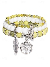 economico Bracciale da donna-Set di bracciali da donna in stile boho con perline turchesi, con ciondolo a forma di albero della vita e piuma, elastico, perline in pietra naturale, adatti per abbigliamento casual, feste e regali.
