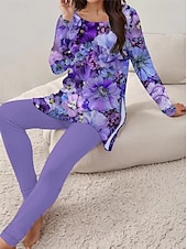 tanie Zestawy dwuczęściowe-Komplet piżamowy dla kobiet dresy okrągły dekolt długi rękaw casual moda spodnie z nadrukiem kwiatowa grafika codzienne biały winogronowy fioletowy regularny krój