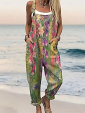 preiswerte Urlaubsoverall-Damen Normal Overall Streetwear Blumen Kurzarm Weites Bein U-Ausschnitt Tasche Druck Straße Täglich Normale Passform Grün Sommer