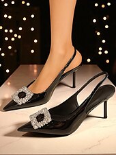 economico Festa Notturna-Scarpe con tacco a spillo in vernice bordeaux da donna con cinturino posteriore - stiletti a punta con fibbia in cristallo per eventi formali e cocktail party