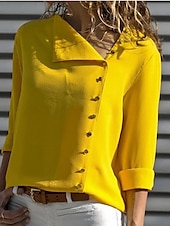 voordelige Dames eenvoudige tops-Dames Overhemd Effen Kleur Stijlvol Casual Lange mouw Overhemdkraag Normale tops Dagelijks Knop Zwart Wit Geel Blozend Roze Zomer Lente