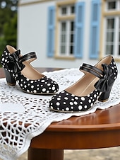 abordables Années 1950-Escarpins Mary Jane roses à pois pour femmes des années 1950 – de jolis escarpins rétro à talons carrés et brides à nœud pour les fêtes, les goûters et les tenues d&#039;inspiration vintage