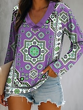 abordables T-shirt Boho-Femmes T-shirt Graphique Géométrique Paisley Élégant ancien Classique manche longue Col en V Hauts Réguliers Quotidien Sortir Week-end Imprimé Bleu Violet Vert Été Printemps Automne