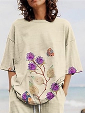 abordables Ensembles Co-ord Essentiels-Femmes Ensembles de Pantalons Manche 3/4 Col ras du cou Fleuri Imprimé Actif Mode Quotidien Vacances Fête Kaki Été Coupe régulière