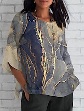 billige Kvinnenes Kunst &amp; Design Topper-Dame Skjorte Marmortrykk Daglig Fritid 3/4 ermer Crew-hals Vanlige topper Daglig Ferie Trykt mønster Navyblå Marineblå Blå Himmelblå Dusty Blue Sommer Vår Høst