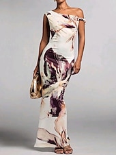 abordables Robes fleuries élégantes-Femmes Robe Longue Maxi Robe Robe Imprimée Mode Extérieur Sortir Week-end Coupe régulière Fleur Sans manches Une Épaule Violet Vert Été