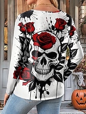 billige Kunst &amp; Design t-skjorte-Halloween Dame T skjorte Grafisk Hodeskaller Rose Årgang Stilfull Klassisk Langermet Crew-hals Vanlige topper Daglig Trykt mønster Rød Lilla Oransje Grønn Vår Høst
