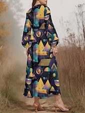 ieftine Rochie Artă și Design-Pentru femei Rochii Midi Rochie casual Șifon Rochie leagăn Modern Vacanță Zilnic Sfârșit de săptămână Fit regulat Geometric Manșon Lung În V Albastru piscină Mov Maro Trifoi Vară Primăvară Toamnă