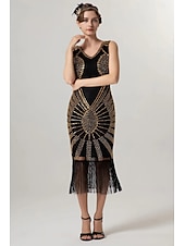 abordables Robes-Rétro Vintage Années Folles Années 1920 Midi Robe Charleston Robe de cocktail Gatsby le Magnifique Fille Flapper Paillettes Frange Col en V Femmes Noël Halloween Carnaval Mariage Soirée Mascarade
