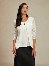 Недорогие Пиджаки и костюмы-Женский кружевной жакет-блейзер из сетки, элегантный, с рукавами длиной 3/4, круглым вырезом, обычные топы для свадьбы, гостей, работы, повседневной носки, кружева белого цвета, весна-осень