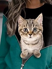 お買い得  動物のトップ-女性用 プルオーバースウェットシャツ フーディーズ グラフィック 動物 猫 ファッション カジュアル 長袖 クルーネック ラウンドネック レギュラートップス ストリート 日常着 プリント ダークグリーン 春 秋 冬