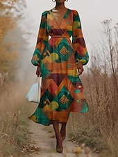 ieftine Rochie Artă și Design-Pentru femei Rochii Midi Rochie casual Șifon Rochie leagăn Modern Vacanță Zilnic Sfârșit de săptămână Fit regulat Geometric Manșon Lung În V Albastru piscină Mov Maro Trifoi Vară Primăvară Toamnă