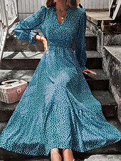 preiswerte Elegante Blumenkleider-Damen Langes Kleid Maxikleid Freizeitkleid Druckkleid Mode Modern Täglich Strand Wochenende Normale Passform Blume Langarm V Ausschnitt Schwarz Rote Blau Grün Sommer Frühling Herbst