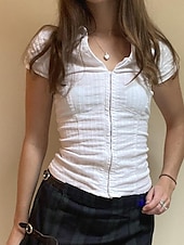 preiswerte Damen Einfache Oberteile-Damen Hemd Bluse Einfach Modern Lässig Kurzarm Hemdkragen Normale Oberteile Täglich Ferien Knöpfe Weiß Rosa Sommer