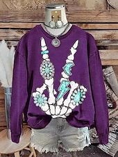 economico Felpa e Hoodie di Halloween-Per donna Felpa Pullover Felpe con cappuccio Grafico Teschio Astratto Moda Casual Manica Lunga Girocollo Top Regolari Streetwear Abbigliamento Quotidiano Stampato Nero Vino Viola Verde Primavera