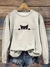 preiswerte Halloween Sweatshirt und Hoodie-Damen Pullover Sweatshirt Grafik Tiermotiv Katze Mode Lässig Langarm Rundhalsausschnitt Normale Oberteile Straße Alltagskleidung Lässig Druck Weiß Rosa Orange Beige Grau Herbst Winter