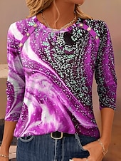 abordables Art &amp; Design Tops-Femmes T-shirt Graphique Géométrique ancien Occasionnel manche longue Col ras du cou Hauts Réguliers Quotidien Boutons Imprimé Vert cendré Bleu Violet Marron Vert Printemps Automne Hiver