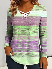 billige Stripe og geometrisk t-skjorte-Dame T skjorte Grafisk Geometrisk Årgang Stilfull Klassisk Langermet V-hals Vanlige topper Daglig Utskjæring Trykt mønster Rosa Blå Lilla Grønn Vår Høst