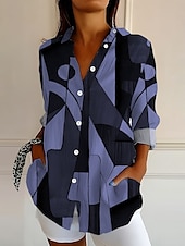 preiswerte Damen Streifen- und geometrische Oberteile-Damen Hemd Knopfverschluss Tunika Hemd Kragen Langarm Grafik Geometrisch Abstrakt Vintage Alltag Stilvoll Regular Tops Arbeit Alltag Feiertag s Print Schwarz und Weiß Pink Blau Lila Grün Frühling