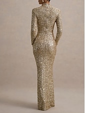 economico Abiti da sera a tubino-Abito da sera elegante in velluto dorato con paillettes a sirena  tromba lungo maniche lunghe collo a finto collo con glitter