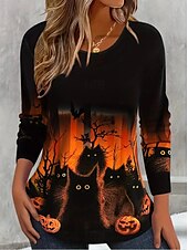 preiswerte Halloween Oberteile-Halloween Damen Bluse Grafik Halloween Lässig Langarm Rundhalsausschnitt Normale Oberteile Täglich Druck Schwarz Orange Sommer Frühling MOM