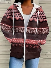 economico Tops Boho-Giacca Felpa con Cappuccio da Donna con Maniche Lunghe e Zip con Tasche Leggera e Casual Micro-elastica Oversize Geometrica a Strisce Attiva Vintage Sportiva con Coulisse Rosso Blu Viola Marrone