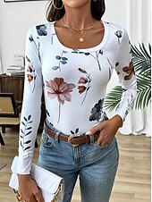 economico T-shirt floreale-Per donna Maglietta Floreale Grafico Piante Moda Classico Casual Manica Lunga Collo quadrato Top Regolari Quotidiano Stampato Bianco Primavera Autunno