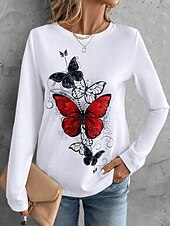 Женская футболка с круглым вырезом длинным рукавом туника графическая бабочка винтажная повседневная обычные топы ежедневный принт красный синий радужный весна осень Недорогие Животные пьют-Женская футболка с круглым вырезом длинным рукавом туника графическая бабочка винтажная повседневная обычные топы ежедневный принт красный синий радужный весна осень