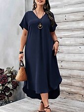 abordables Robes-Femmes Grande taille Robe Décontractée Couleur Unie Col en V Manche Courte Été Printemps Élégant Mode Moderne Occasionnel Robe Maxi Quotidien Fête Robe