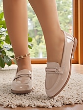 preiswerte Damenhausschuhe und -halbschuhe-Damen nude Lackleder Penny Loafers mit Schnallen-Details - Elegante Slipper Flats für Damen klassisch Prep-Stil Büroschuhe für tägliche Arbeit Schule und Freizeitaktivitäten