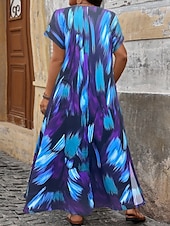 abordables Robes Rayés et Géométriques-Femmes Robe maxi Robe trapèze Occasionnel Extérieur Plage Coupe Ample Rayure Manche Courte Col en V Rose Claire Rouge Bleu Violet Été Printemps