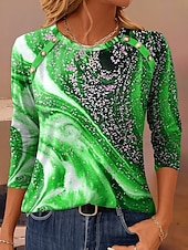 abordables Art &amp; Design Tops-Femmes T-shirt Graphique Géométrique ancien Occasionnel manche longue Col ras du cou Hauts Réguliers Quotidien Boutons Imprimé Vert cendré Bleu Violet Marron Vert Printemps Automne Hiver