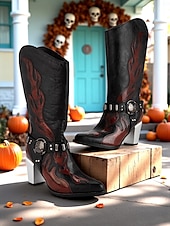 levne Pro ženy-Dámské kovbojské boty v západním stylu s vyšívanými plameny - robustní podpatek, černohnědé gotické boty do půli lýtek na Halloween, hudební festivaly a rodeo.