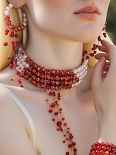 abordables Accesorios de Halloween-Conjunto de joyas de Halloween con gotas de sangre para mujer: gargantilla, pulsera y pendientes de perlas y cuentas rojas para fiestas de disfraces y eventos espeluznantes.