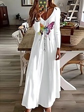 economico Abito Floreale-Per donna Abito lungo maxi Abito Bianco Vestito Casual Abito a trapezio Elegante Casual Ferie Vestibilità comoda Grafico Farfalla Manica Lunga Scollo a V Bianco Primavera Autunno Inverno