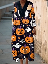 abordables Robe d&amp;#39;Halloween-Robe midi femme Halloween V en col Longue Manche Kaftan Légère Coupe Ample Robe Décontractée Robe Shift Décontractée Coupe Ample Graphique Longue Manche V en col Noir Jaune Rose Orange Automne